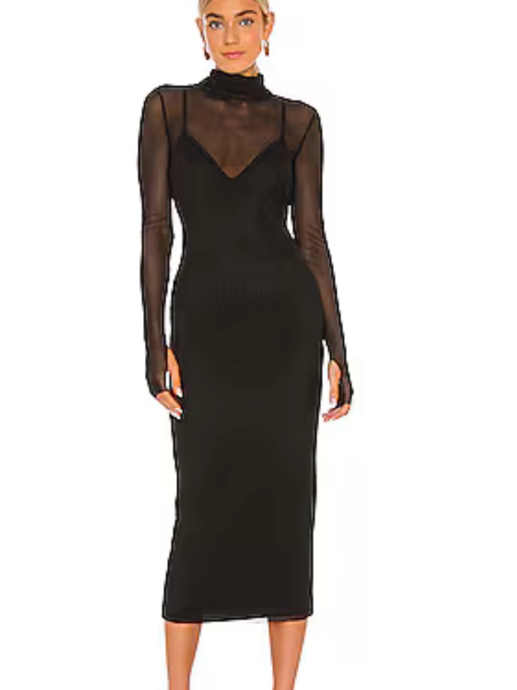 Afrm Black Sheer Overlay Long-Sleeve Midi Dress